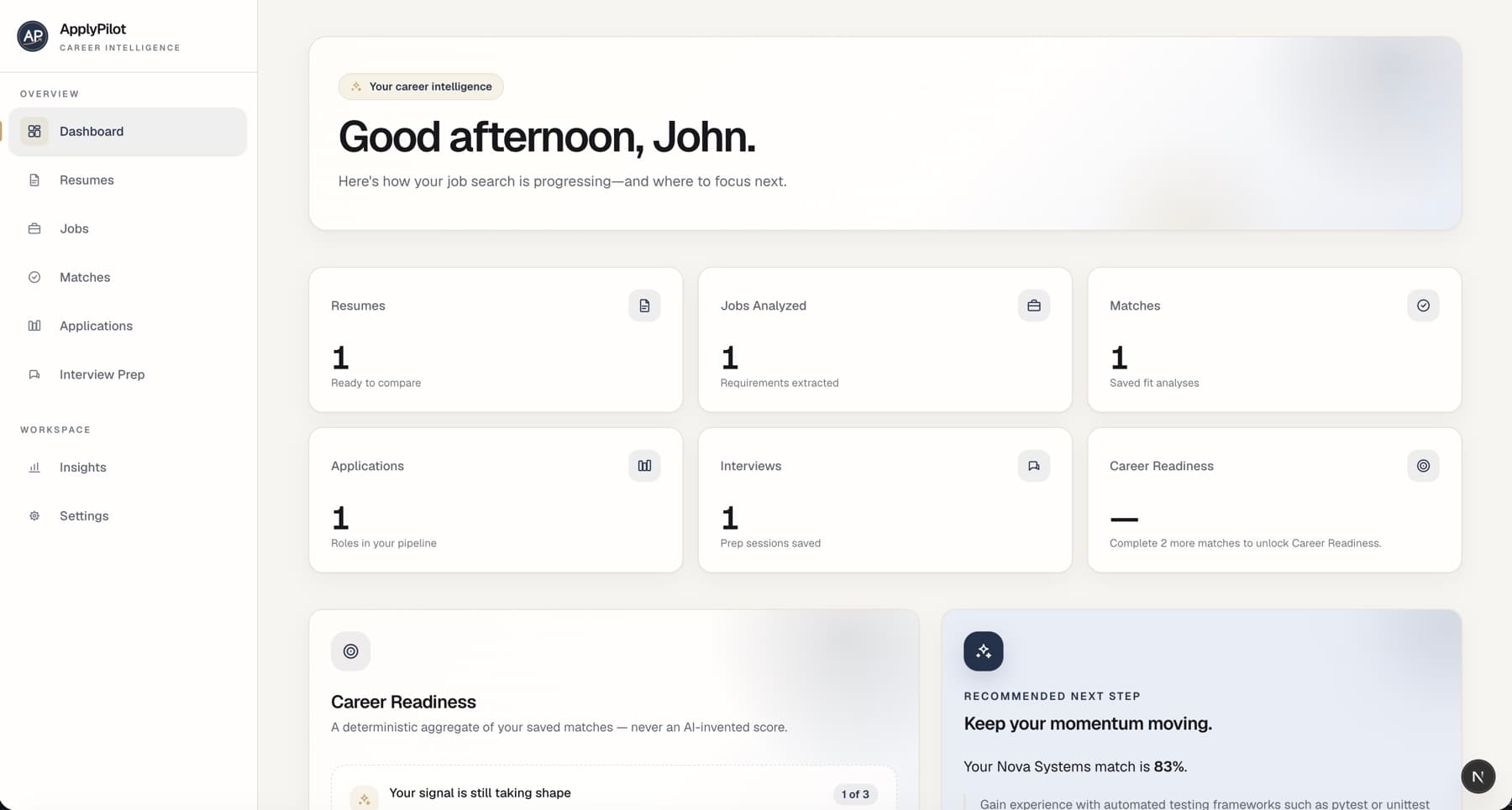 ApplyPilot career intelligence dashboard with application tracking and career readiness insights