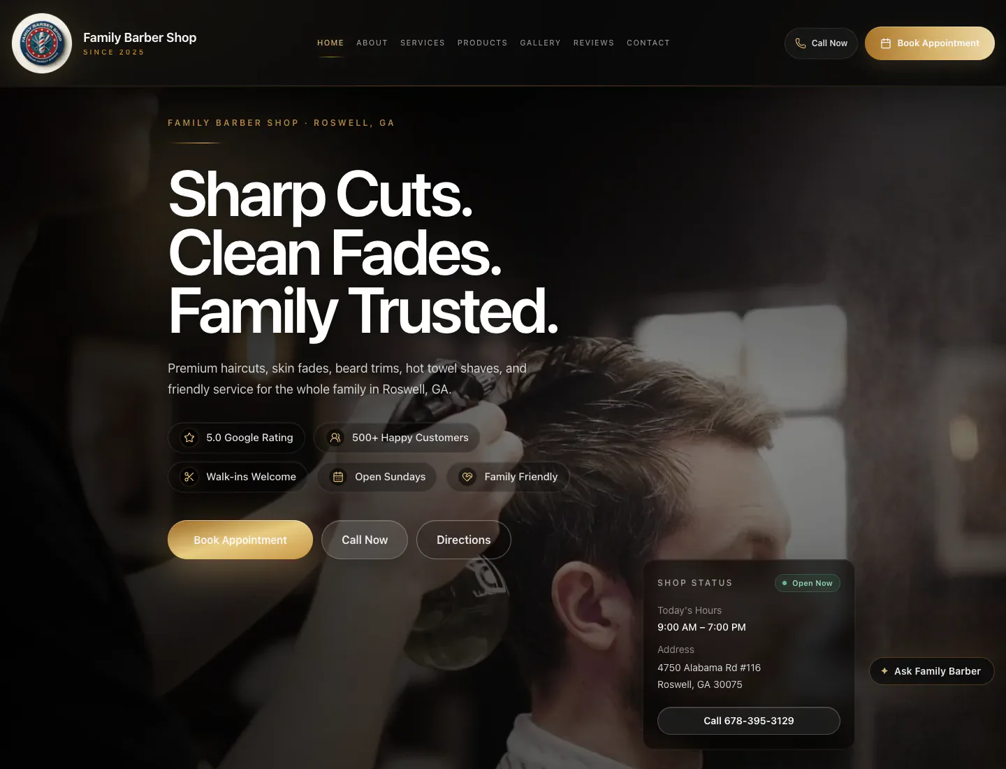 Family Barber Shop homepage hero with booking, calling, and directions actions